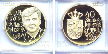 НИДЕРЛАНДЫ МЕДАЛЬ ND 40 ЛЕТ ПРИНЦУ НИДЕРЛАНДОВ ВИЛЬЯМУ АЛЕКСАНДРУ (1967-2007) бронза, позолота PROOF 5-3-1-71