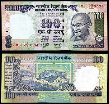 Индия 100 рупий 2007 Ганди, буква Е Pick 98c бумага UNC (пресс) 000-00-00