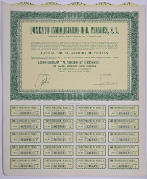 Испания акция на 1000 песет 1973 Fomento Inmobiliario del Panades, S.A., Барселона 1973, с купонами бумага 5544-13