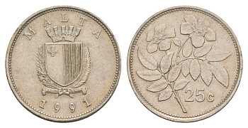 Мальта 25 центов 1991 шиповник вечнозелёный KM 97 медно-никель 4633-1157