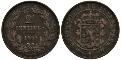 Люксембург 2 1/2 сантима 1901 великий герцог Адольф (1890-1905), BARTH КМ 21 бронза 4538-812
