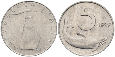Италия 5 лир 1997 R, дельфин KM 92 алюминий  UNC  4594-665