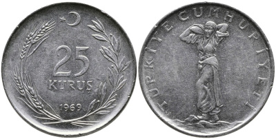 Турция 25 курушей 1969 KM 892.3 нержавеющая сталь 4541-636