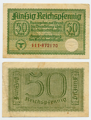 Германия 50 рейхспфеннигов 1940-1945 для оккупированных территорий Pick R135 бумага 6283-18-2-2