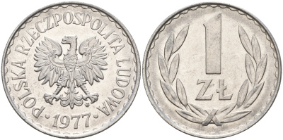 Польша 1 злотый 1977 MW KM 49.1 алюминий  UNC  4161-211