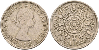 Великобритания 2 шиллинга (флорин) 1962 Елизавета II (1952-2022) KM 906, Spink 4146 медно-никель 4117-1031