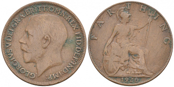 Великобритания 1 фартинг 1920 Георг V (1910-1936) KM 808.2 Spink 4060 бронза 187-144