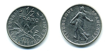 ФРАНЦИЯ 1/2 ФРАНКА 1973 КМ 931.1 никель 3999-817