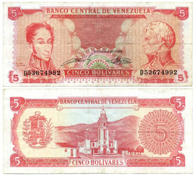 Венесуэла 5 боливаров 1989 Pick 70b бумага 8592-17-3-1