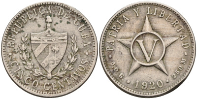 Куба 5 сентаво 1920 звезда, республика (1915-1961) KM 11.1, Y 5, Schoen 5 медно-никель 113-314