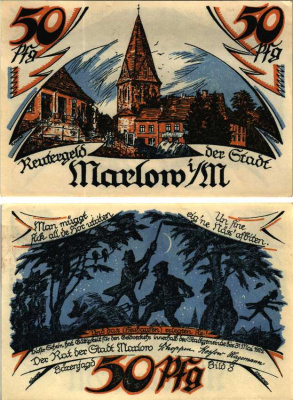 МАРЛОВ 50 ПФЕННИГОВ 1922 НОТГЕЛЬД, 1922 - 31 МАЯ 1922, ЗЕМЛЯ МЕКЛЕНБУРГ-ПЕРЕДНЯЯ ПОМЕРАНИЯ Grabowski 872.1 бумага 6318-44-1-3