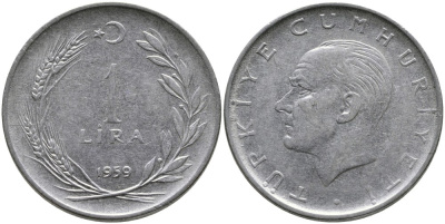 Турция 1 лира 1959 Мустафа Кемаль Ататюрк KM 889а.1 нержавеющая сталь 4541-232