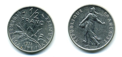 ФРАНЦИЯ 1/2 ФРАНКА 1973 КМ 931.1 никель 3999-817