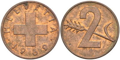 Швейцария 2 раппена 1969 KM 47 бронза 4592-554