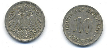 ГЕРМАНИЯ 10 ПФЕННИГОВ 1914 A KM 12, J. 13 медно-никель 58-412
