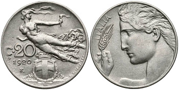 ИТАЛИЯ 20 ЧЕНТЕЗИМО 1920 R, ВИКТОР ЭММАНУИЛ III (1900-1946) KM 44 никель 4544-1231
