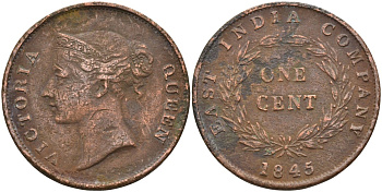 Стрейтс-Сетлментс 1 цент 1845 Виктория (1837-1901), Ост-Индская компания KM 3 медь 4590-211