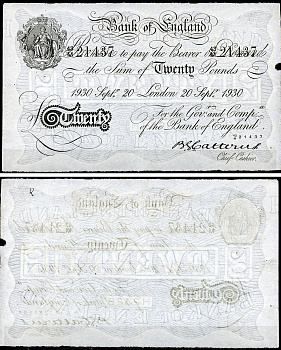 Англия 20 фунтов 1930 Лондон, 20 сентября, Операция "Бернхард", фальшивка в ущерб денежному обращению PW № RB172, Pick 337 a  бумага   444-50-1-1