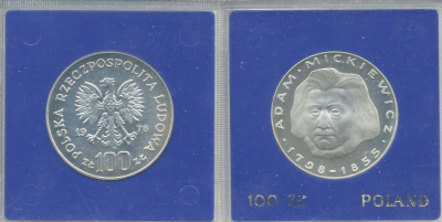 Польша 100 злотых 1978 MW, Адам Мицкевич (1798-1855), в оригинальной пластиковой упаковке KM 92 серебро PROOF 5-3-1-23