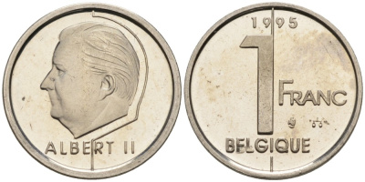 Бельгия 1 франк 1995 Belgique KM 187 железо плакированное никелем UNC 192-511