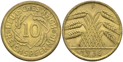 Германия 10 рейхспфеннигов 1936 F KM 40, J.317, Weege 9 алюминиевая бронза 4584-537