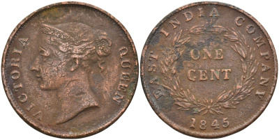 Стрейтс-Сетлментс 1 цент 1845 Виктория (1837-1901), Ост-Индская компания KM 3 медь 4590-211