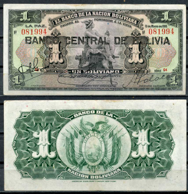 Боливия 1 боливиано 1911 (1929) надпечатка на Pick 103, серия G4, Меркурий Pick 112 (3)  бумага  7217-66-2-2