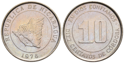 Никарагуа 10 сентаво 1978 карта страны KM 31 медно-никель  UNC  220-1226