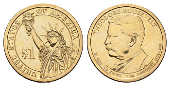 США 1 доллар 2013 D, Президент США - Теодор Рузвельт (1901–1909) KM 548 медь с марганцево-латунным покрытием UNC 4698-1116
