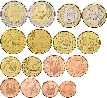 Испания евронабор из 8 монет 2007 1, 2, 5, 10, 20, 50 евроцентов, 1 и 2 евро KM 1040, 1041, 1042, 1070, 1071, 1072, 1073, 1074 UNC 183-521