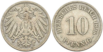 ГЕРМАНИЯ 10 ПФЕННИГОВ 1898 А KM 12, J. 13 медно-никель 210-632