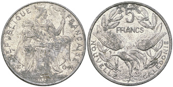 Французская Новая Каледония 5 франков 2010 птица кагу, (IEOM) KM 16, Schoen 12, Lec 81k алюминий 4111-635