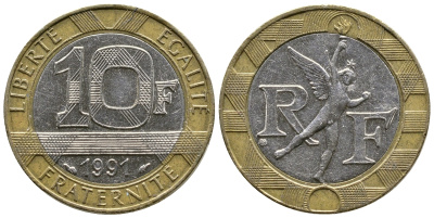 Франция 10 франков 1991 тип гений Бастилии KM 964.1, Le Frank 375.6 биметалл 51-4734