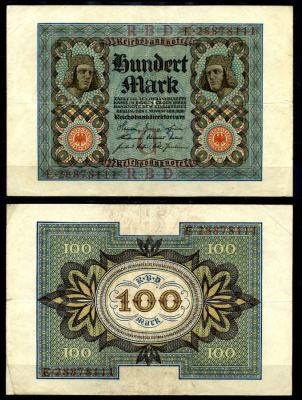 Германия 100 марок 1920 Бамбергский всадник, 8 цифр в номере, серия E, буква U Pick 69 b, Розенберг 67b бумага 8617-9-2-1