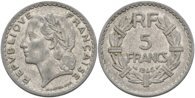 ФРАНЦИЯ 5 ФРАНКОВ 1946 KM 888b.1 алюминий 75-325