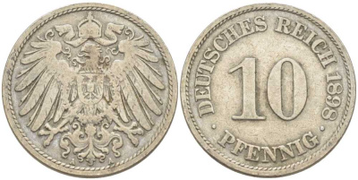 ГЕРМАНИЯ 10 ПФЕННИГОВ 1898 А KM 12, J. 13 медно-никель 210-632