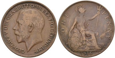 Великобритания 1 пенни 1916 Георг V (1910-1936) KM 810, Spink 4051 бронза 4117-745