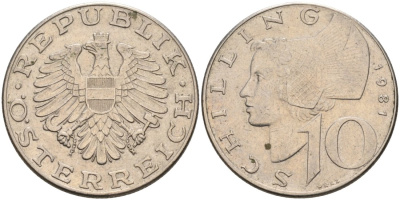АВСТРИЯ 10 ШИЛЛИНГОВ 1981 КМ 2918 медно-никель 4572-643