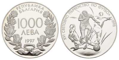 Болгария 1000 левов 1997 XVI Чемпионат мира по футболу KM 233 серебро PROOF 413-4942