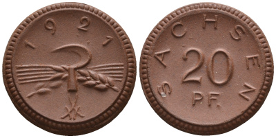 Саксония 20 пфеннигов 1921 колосья и серп J. N 53 фарфор UNC 1094-9-44