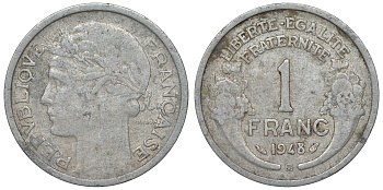 ФРАНЦИЯ 1 ФРАНК 1948 B, ТИП MORLON KM 885а.2, LE FRANC 221.14 алюминий 71-1131