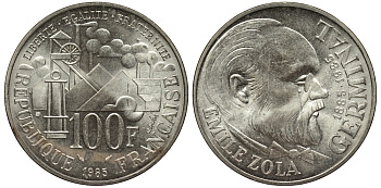 Франция 100 франков 1985 100 лет со дня рождения Эмиля Золя KM 957 серебро UNC 1516-1622