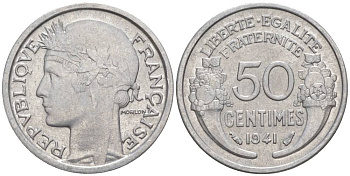 ФРАНЦИЯ 50 САНТИМОВ 1941 ТИП MORLON LOURDE KM 894.1a, LE FRANC 193.2 алюминий 44-246