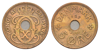 Дания 5 эре 1927 HCN, Кристиан X (1912-1947) KM 828 бронза 4657-235