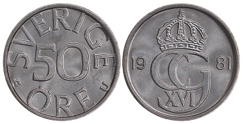 Швеция 50 эре 1981 U Карл XVI Густав (1973- ) KM 855 медно-никель UNC 4364-1741