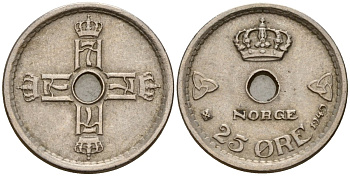 Норвегия 25 эре 1949 Хокон VII (1905-1957) KM 384 медно-никель 4189-751