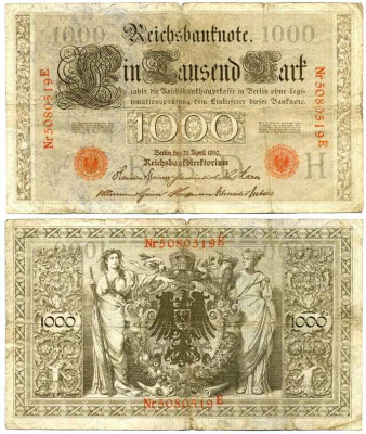 ГЕРМАНИЯ 1000 МАРОК 1910 КРАСНАЯ ПЕЧАТЬ, СЕМИЗНАЧНЫЙ НОМЕР Pick 44b бумага 8595-20-2-1