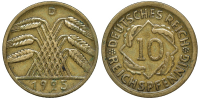 ГЕРМАНИЯ 10 РЕЙХСПФЕННИГОВ 1925 D KM 40, J.317 алюминиевая бронза 72-1545