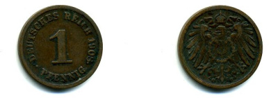 ГЕРМАНИЯ 1 ПФЕННИГ 1908 G KM 10, J 10 медь 35-957