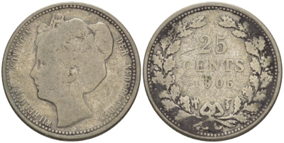 Нидерланды 25 центов 1905 Вильгельмина (1890-1948) KM 120.2 серебро 66-1138